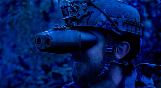 Nightfox Swift Night Vision Goggles mounted on a helmet | Side angle view