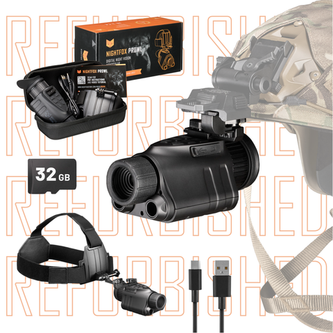 Night vision device with accessories on a white background with 'REFURBISHED' text.